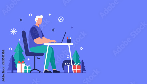 Man working remotely on a laptop during the winter holiday season with gifts and falling snow
