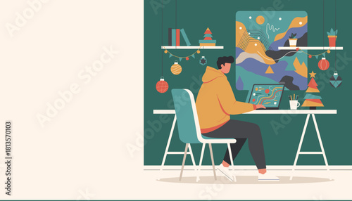 Remote worker busy on a laptop in a cozy festive workspace