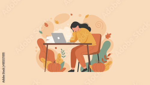 Seasonal burnout Tired woman struggling with computer work in autumn setting