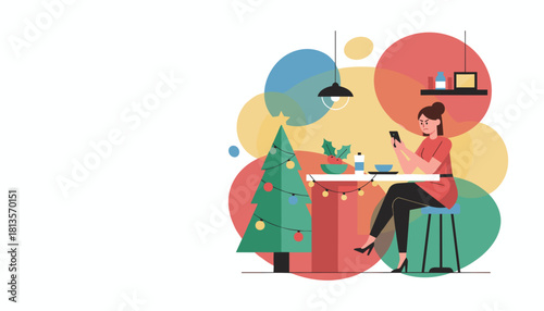 Angry woman uses smartphone alone during Christmas holiday dinner Digital isolation concept