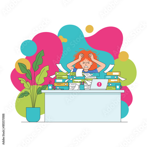 Stressed worker overwhelmed by paperwork mountains Deadline pressure and burnout concept