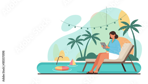Woman using a tablet on a pool lounge chair in a tropical setting Remote work or vacation lifestyle