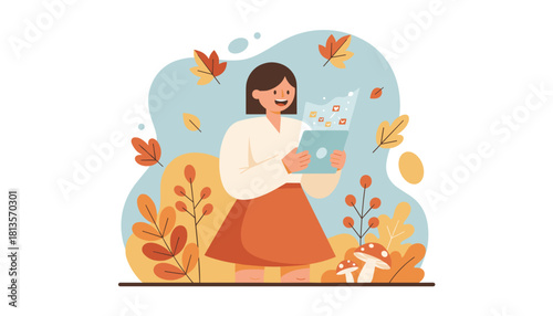 Smiling woman using tablet for social media updates in a beautiful autumn park illustration