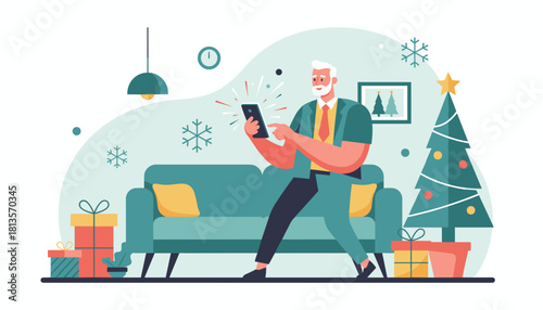Senior man using smartphone for holiday communication or festive online shopping at home