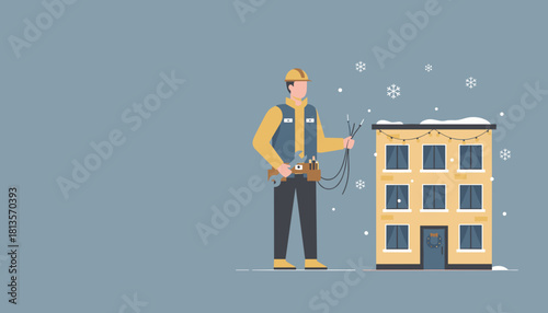 An electrician preparing holiday lights outside a snowy apartment building