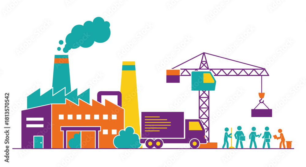 Fototapeta premium Industrial manufacturing complex with factory crane truck and workforce Flat graphic design