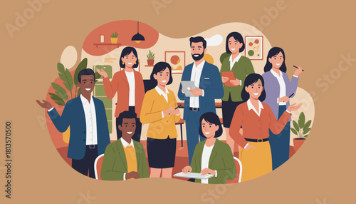 Diverse group of smiling business professionals working together in an office Teamwork and corporate success