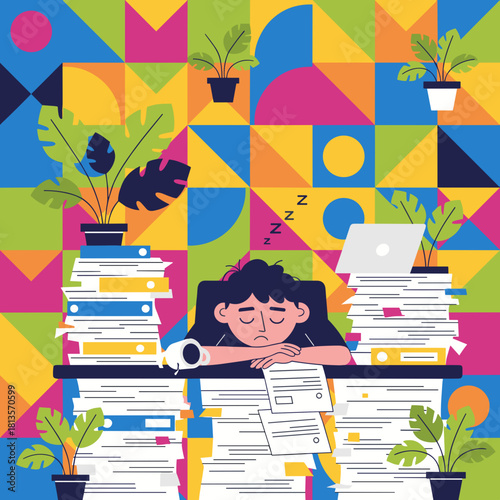 Tired worker exhausted by bureaucracy sleeps surrounded by huge piles of paperwork