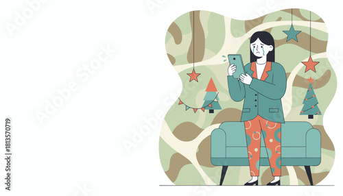 Crying woman reads sad news on her phone during holiday season illustrating loneliness or depression