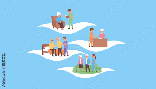 Professional elder care service Nurses assist seniors with reading walking and meals