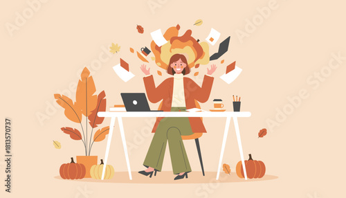 Autumn workload stress Smiling woman overwhelmed by papers and fall deadlines in home office
