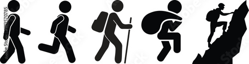 
Sequence of stick figures showing progression from walking to climbing a mountain.Silhouette Illustration Of Hikers On A Bridge Against Dark Transparent Background