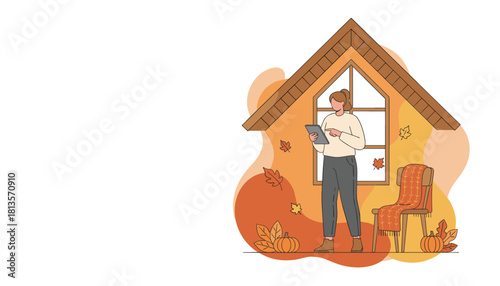 Remote work lifestyle Woman uses tablet indoors during the comfortable autumn season