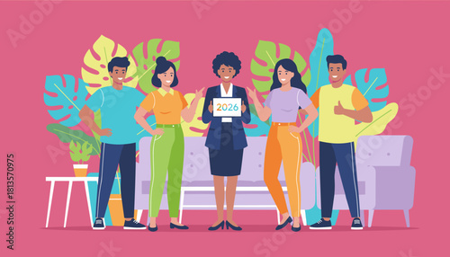 Diverse team holding 2026 sign symbolizing business planning corporate goals and future success