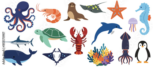 Sea Animals Collection –Editable flat vector style, including octopus, shrimp, seal, manta ray, starfish, seahorse, swordfish, turtle, lobster, dolphin, jellyfish, squid, penguin, whale, and coral