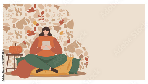 Cozy woman using tablet indoors surrounded by autumn decor and abstract leaves