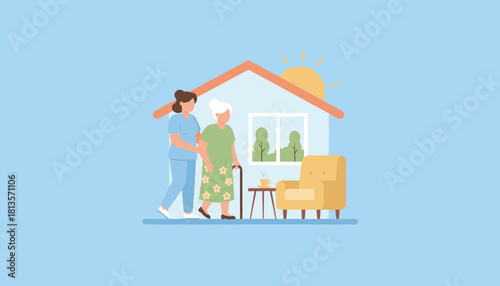 Professional caregiver assists elderly woman walking at home Home health and senior support concept