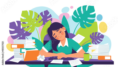 Exhausted office worker asleep on her desk overwhelmed by huge stacks of paperwork