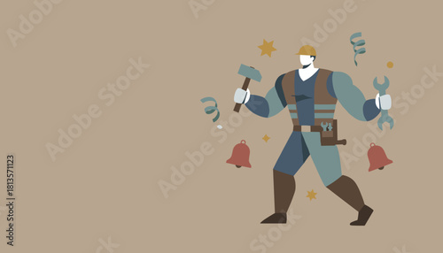 Strong handyman holding a hammer and wrench celebrates work success Tradesman service concept