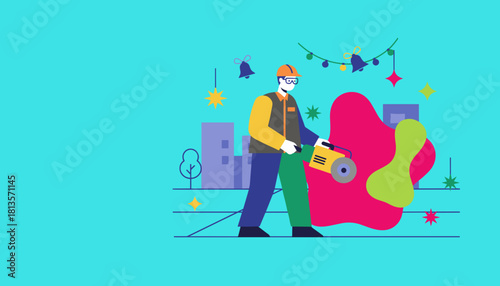 Worker wearing PPE using a grinder tool in a festive city setting Construction during the holidays concept