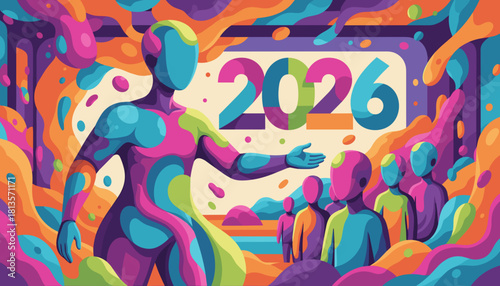 Vibrant 2026 illustration with abstract figures showcasing future community and colorful progress