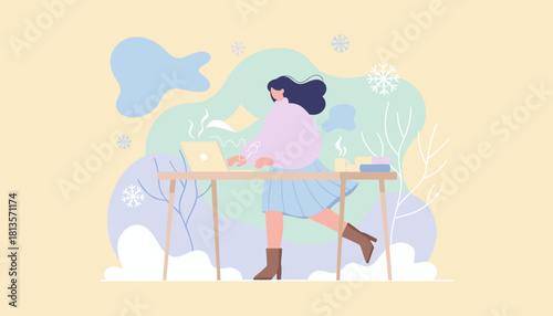 Fast working woman using laptop during winter Cozy remote work and business illustration