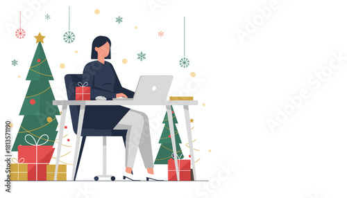 Employee works on a laptop at a desk surrounded by Christmas decorations and gifts