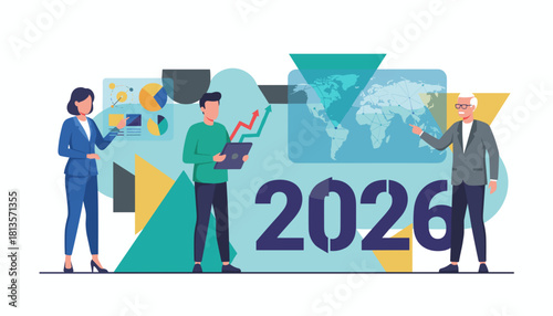 Business team planning 2026 global growth strategy analytics and future financial success