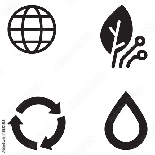 Black Eco Technology Icons for Global Sustainability & Recycling Concepts