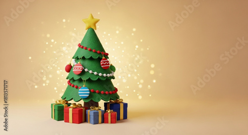 A christmas tree with a star on top and ornaments and gifts underneath on a beige background with bokeh created with generated ai