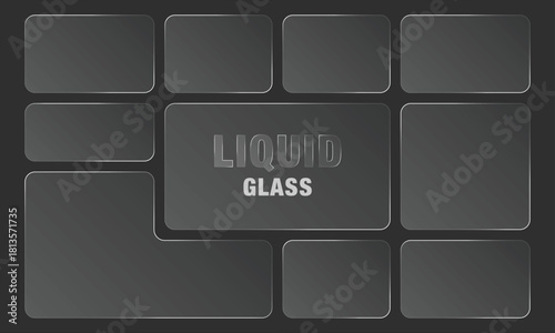 Gray Frosted Glass Panel Frames In A Bento Grid Layout On A Dark Background. A Modern UI/UX Design Featuring Liquid Glass Effect With Copy Space