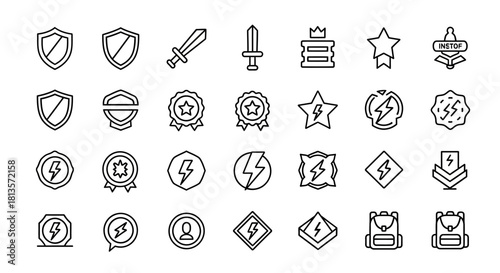 Set of game asset icons simple line art vector design elements for user interface and app development isolated on white background