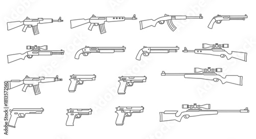 Set of various firearm icons line art vector illustration of different guns isolated on a white background