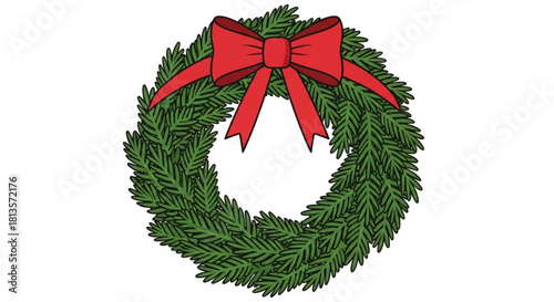 A christmas wreath made of green pine branches with a red bow on the top center decoration item created with generated ai