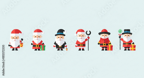 Six santa claus figures with different outfits and accessories against a light blue background design is festive created with generated ai