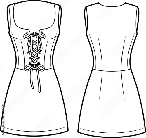 Corset Bodice Mini Dress Fashion Technical Drawing Flat Sketch Template Sleeveless Square Neck Lacing Detail and Back Zipper Closure, Isolated Vector.