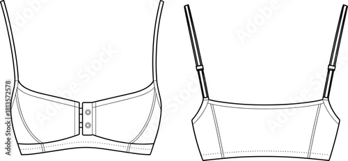 Cropped Bralette Top Technical Drawing Flat Sketch Template Adjustable Spaghetti Straps Snap Button Front and Panel Seaming, Isolated Vector.