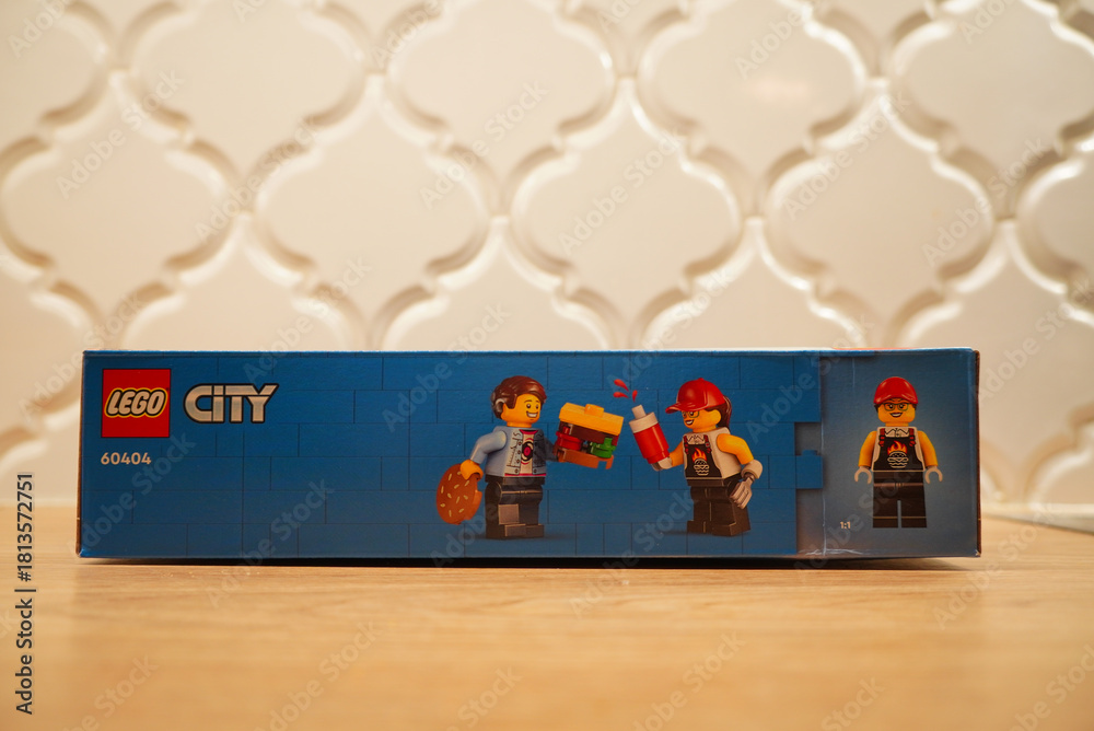 Naklejka premium Lego City 60404 Burger Truck Box Set on a Wooden Surface