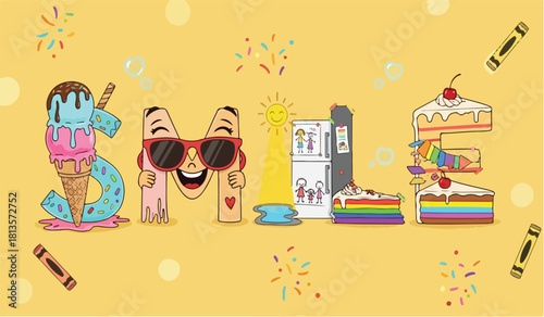 Ice cream sunglasses cake and crayons spell smile word art