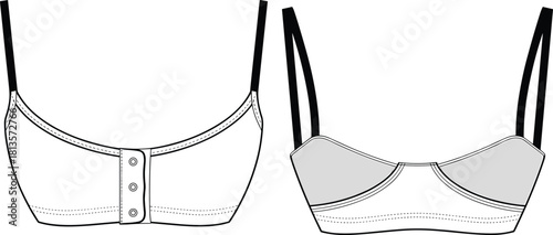 Cropped Bralette Top Fashion Technical Drawing Flat Sketch Template Wide Adjustable Straps Snap Front Closure and Underbust Seaming, Isolated Vector.