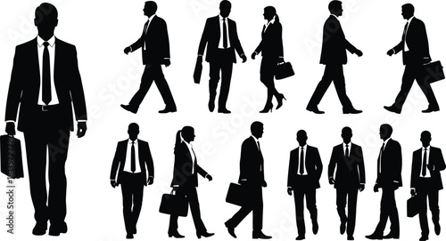 Large set of business people silhouettes walking and standing, including men and women in suits holding briefcases, representing corporate professional mobility.