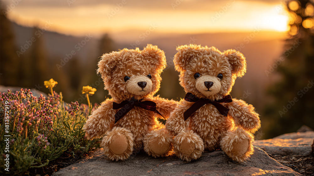 Obraz premium Adorable teddy bears enjoying a beautiful sunset in a peaceful natural setting