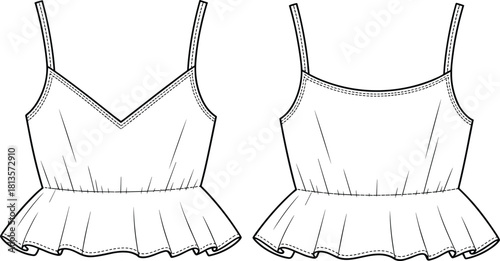 Peplum Cami Top Fashion Technical Drawing Flat Sketch Template Spaghetti Straps V-Neckline Elasticated Waist and Ruffle Hem, Isolated Vector.