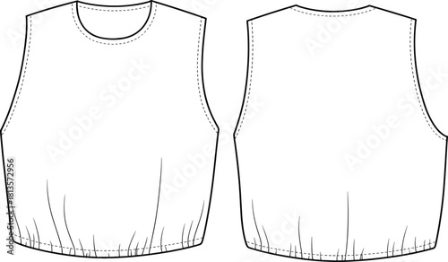 Sleeveless Crew Neck Crop Top Fashion Technical Drawing Flat Sketch Template Relaxed Fit with Elasticated Hem and Seam Details, Isolated Vector.