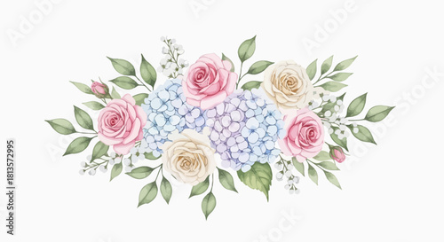 Watercolor floral arrangement with roses and hydrangea delicate pastel colors for wedding invitations greeting cards and decorative design elements