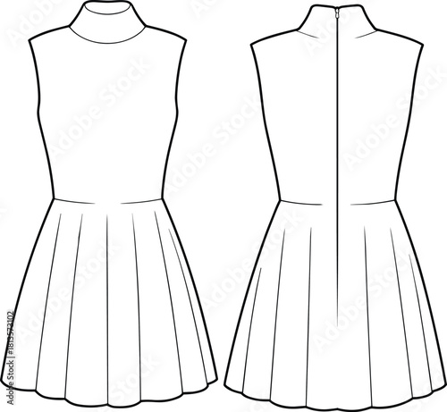 Sleeveless Mock Neck Mini Dress Fashion Technical Drawing Flat Sketch Template Pleated Skirt Fitted Bodice with Back Zipper Closure, Isolated