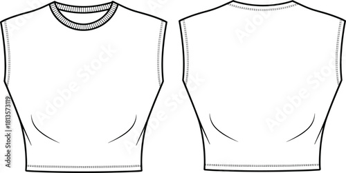 Sleeveless Rib-Trimmed Crop Top Fashion Technical Drawing Flat Sketch Template Racer Back Fitted Silhouette and Seam Details, Isolated Vector.