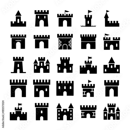black castle icons and fortress silhouettes depicting medieval architecture, towers, walls and historical fantasy structures. Vector illustration.