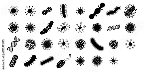 Germ, Virus and Bacteria Icon Set. Microorganism and Microbe Cell Shapes. Vector Silhouettes illustration. representing biology, disease and health.
