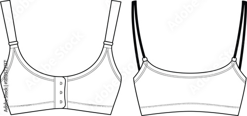 Sports Bralette Top Technical Drawing Flat Sketch Template Adjustable Wide Straps Hook-and-Eye Front Closure and Soft Cup Seaming, Isolated Vector.